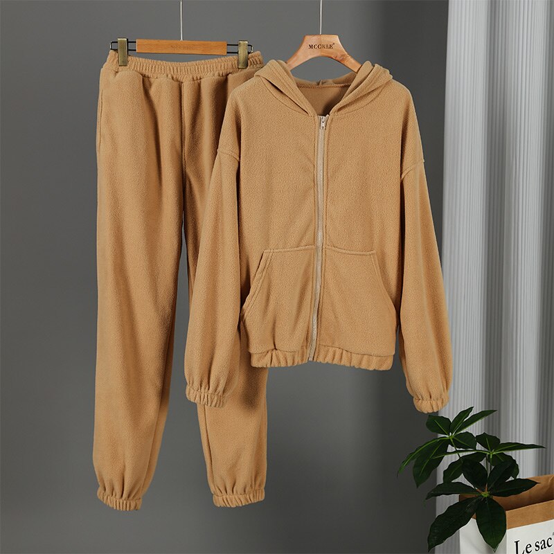 Casual Women Fleece Hoodie Two Piece Sets Hooded Zipper And Harem Pant Suit