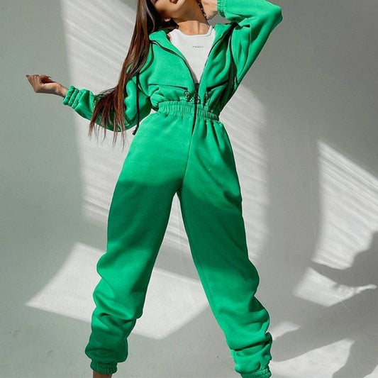 Casual Hoodie Two Piece Sets Zipper Drawstring Jacket Outerwear And Elastic Pencil Pant Suit