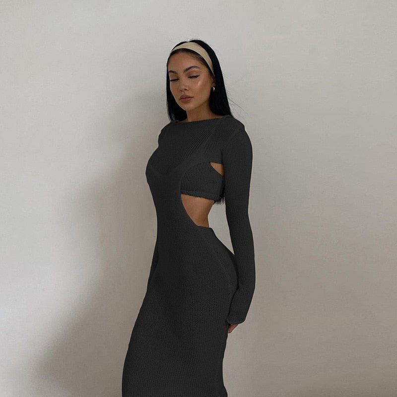 Long Sleeve Backless Knit 2 piece Dress