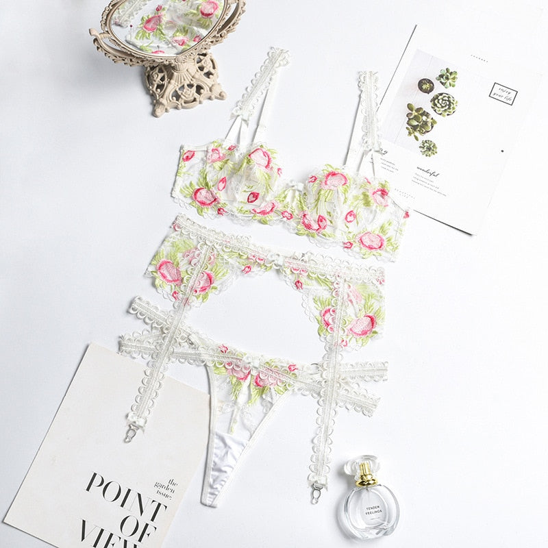 Floral Embroidery Fancy Sensual 3-Piece Lingerie Sets