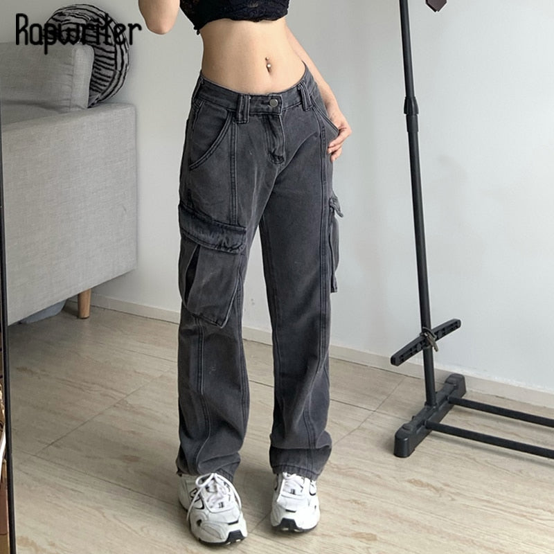 Low Waist Cargo Pocket Straight Gray Mom Jeans