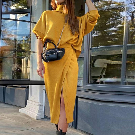 Elegant Turtleneck Long Sleeve Hooded Sexy Side Split Set