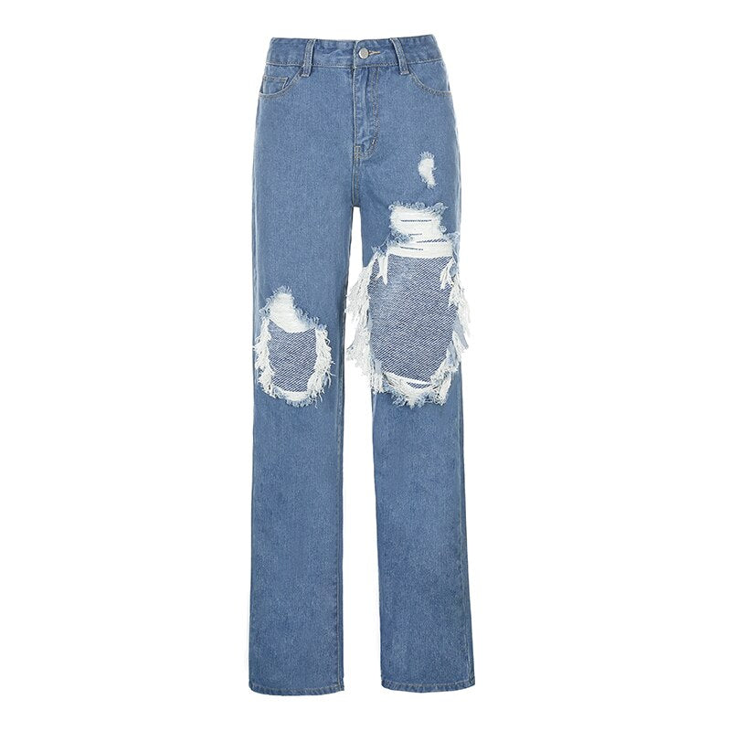 Vintage High Waist Baggy Ripped Straight Blue Jeans