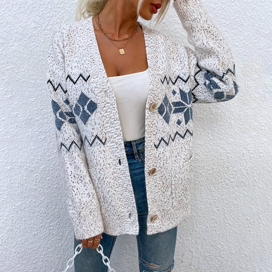 Snowflake Knit Single-breasted Sweater