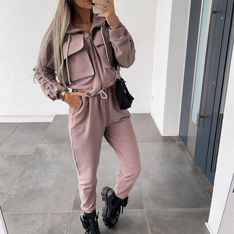 Casual Two Piece Sets Fleece Suits Zipper And Thick High Waist Trouser