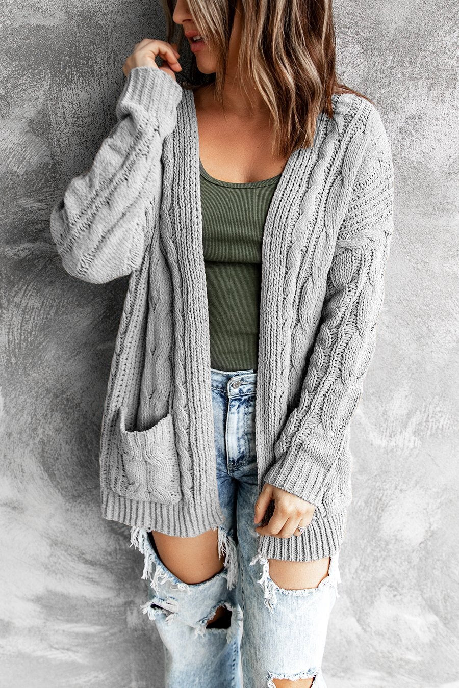 Solid Color Pocket Mid-length Twist Knit Cardigan