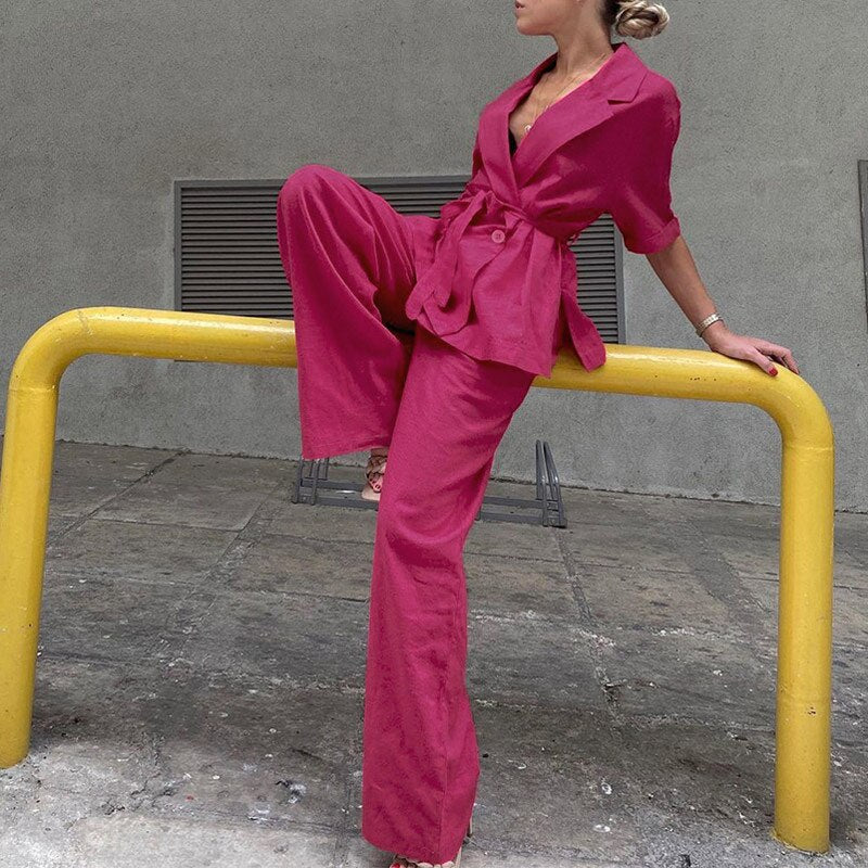 Pink Wide Suit With Belts 2 Piece