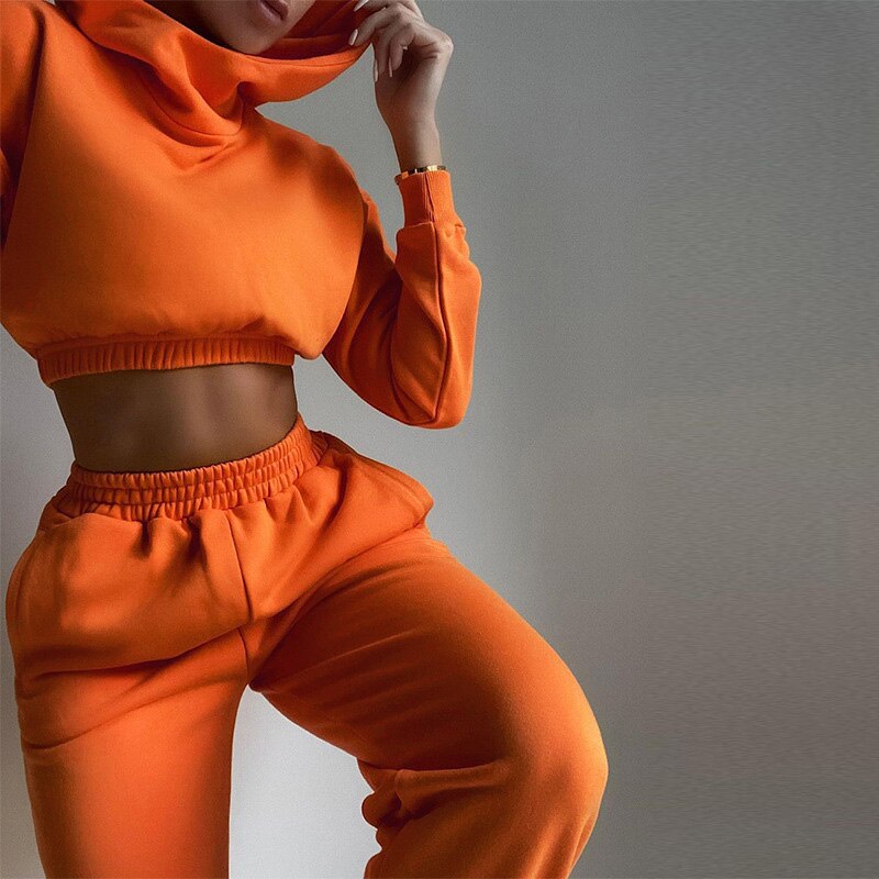 Women Casual Two Piece Sets 2021 O Neck Hoodies Cropped Top And High Waist Sweatpants Suits Fashion Sexy Female Solid Tracksuits