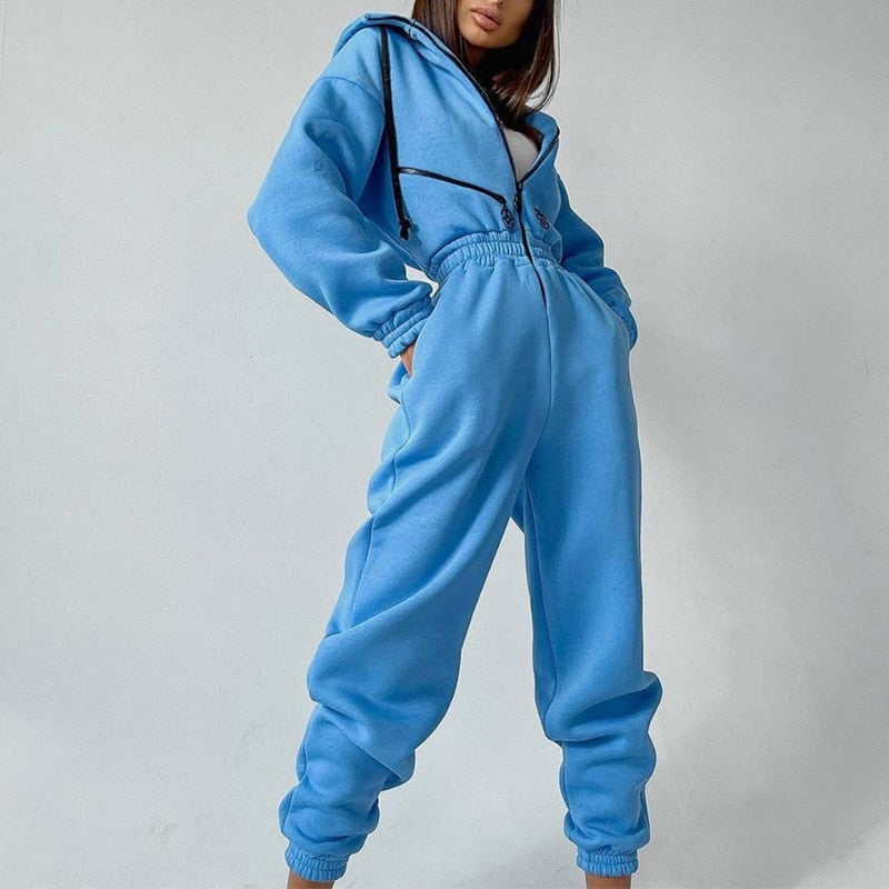 Casual Hoodie Two Piece Sets Zipper Drawstring Jacket Outerwear And Elastic Pencil Pant Suit