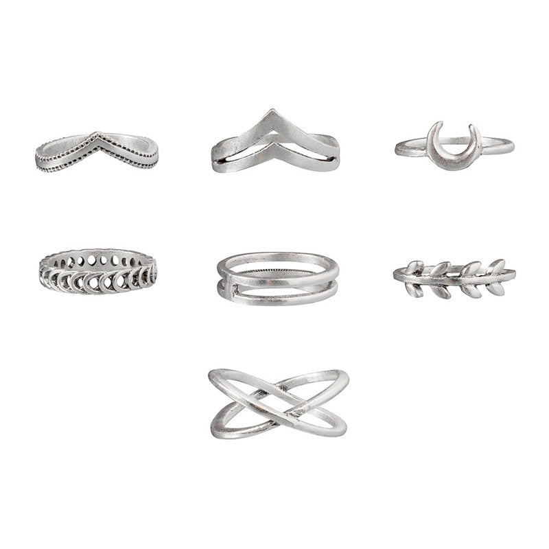 Leaf Moon Crescent Punk Knuckle Midi Rings Set