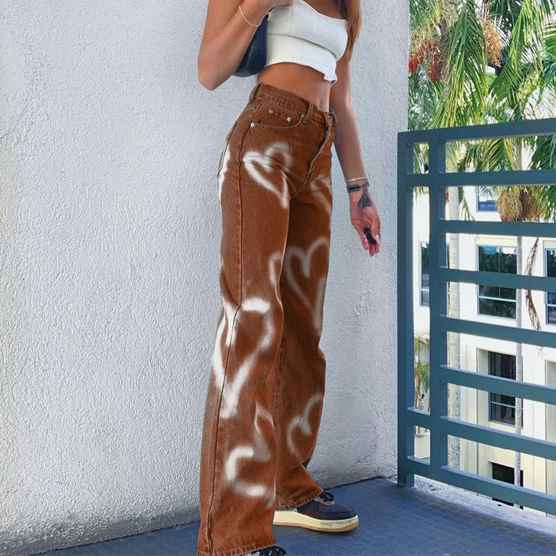 High Waist Heart Printed Baggy Straight Brown Jeans