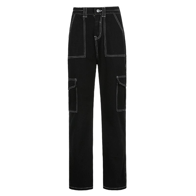 High Waist Baggy Full Length Straight Black Jeans