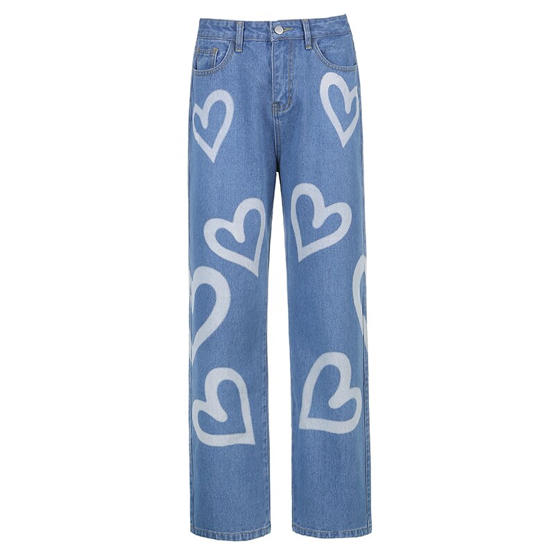 High Waist Heart Printed Baggy Straight Brown Jeans