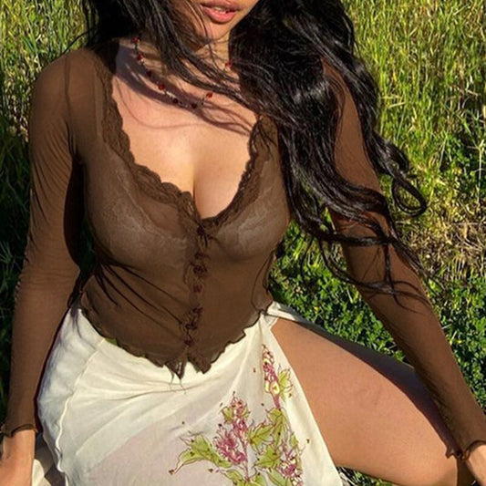 Transparent Brown Lace Mesh Long Sleeve Shirt Crop Top