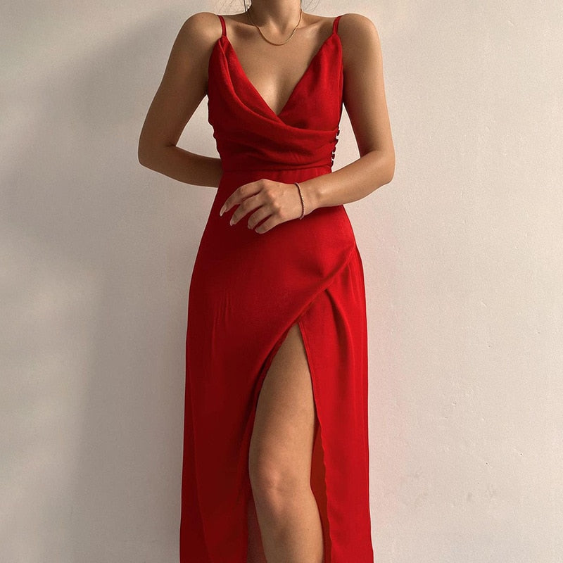 Spaghetti Strap Wrap Midi Dress