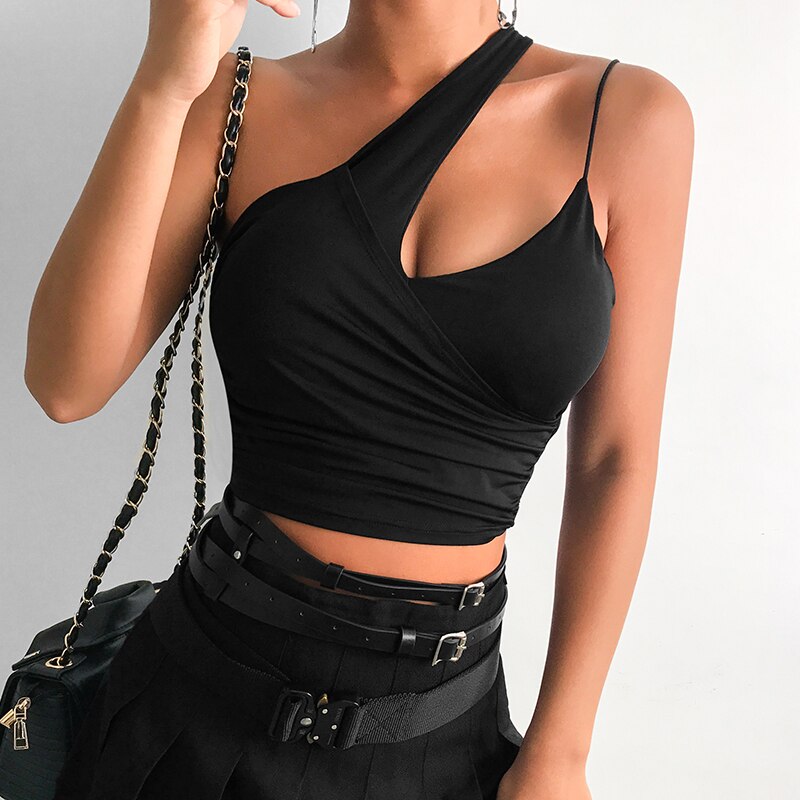 Irregular Halter Black Backless Tank Top