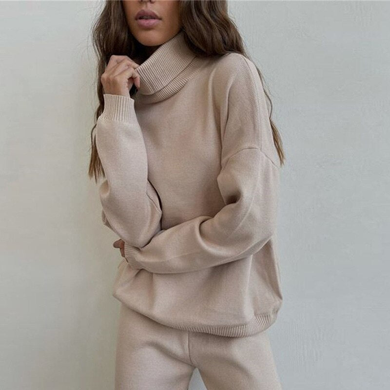 Knitted Turtleneck And Wide-Leg Pant Set