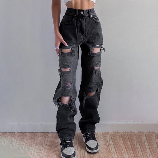 High Waist Cargo Ripped Black Jeans