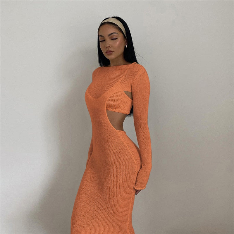 Long Sleeve Backless Knit 2 piece Dress