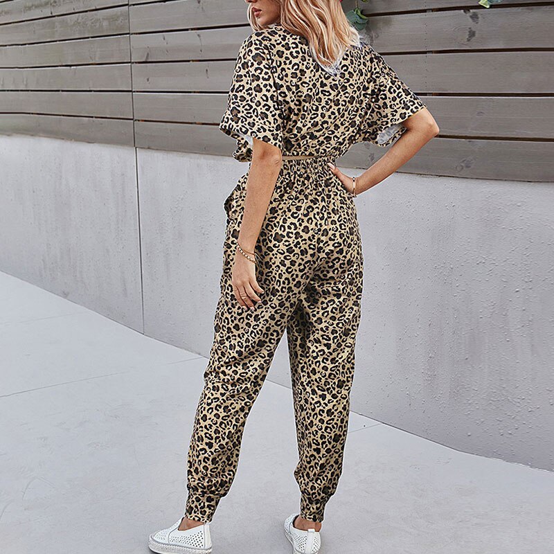 Leopard Short Sleeve V-Neck High Waist 2 Piece Set