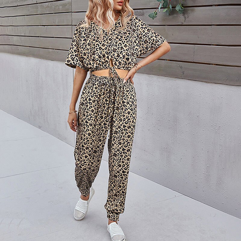 Leopard Short Sleeve V-Neck High Waist 2 Piece Set