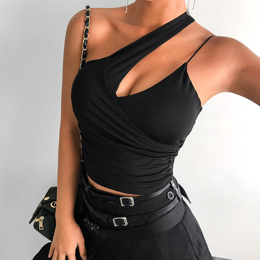 Irregular Halter Black Backless Tank Top