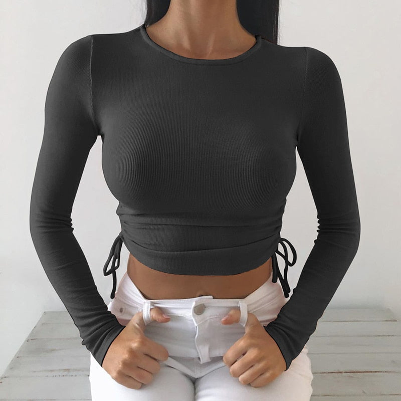 Casual Solid O-Neck Long Sleeve Crop Top