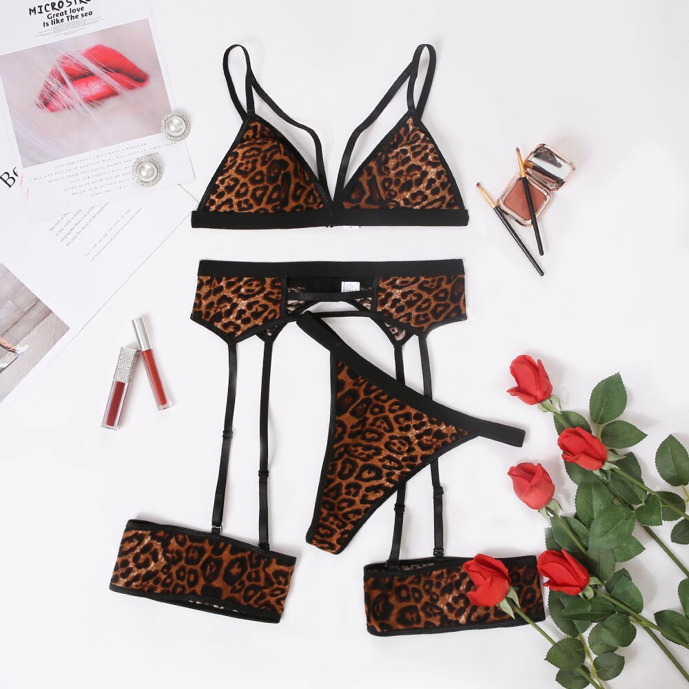 Leopard Bra And Thong Garters Seamless Lingerie Set