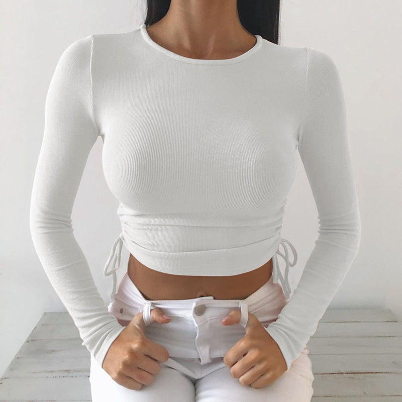 Casual Solid O-Neck Long Sleeve Crop Top