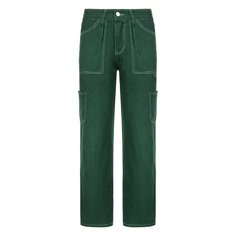 Mid Waist Cargo Pocket Straight Boyfrined Pants