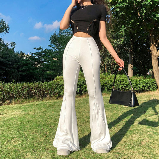 High Waist Striped Ribbed Edge Flare Stretch White Pants