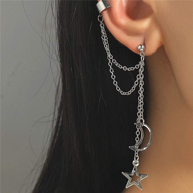 Star Moon Clip Hook Earrings