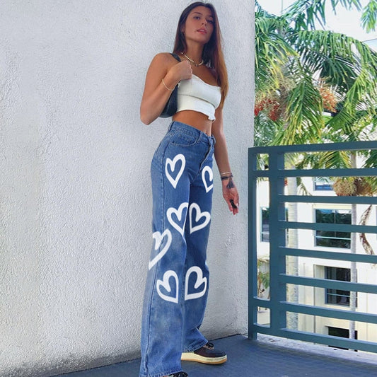 High Waist Heart Printed Baggy Straight Brown Jeans