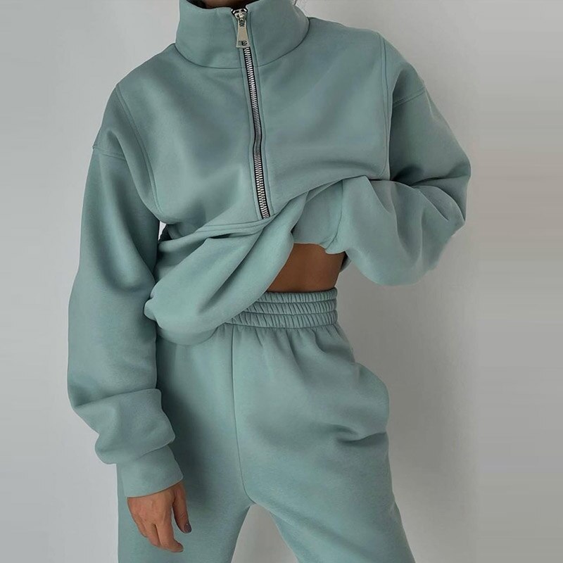 Two Piece Set  Casual Oversized Polo Zipper Sweatshirts And Trouser