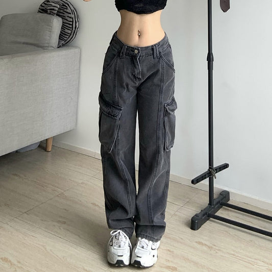 Low Waist Cargo Pocket Straight Gray Mom Jeans