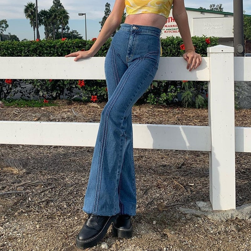 Vintage High Waist Striped Flare Blue Jeans