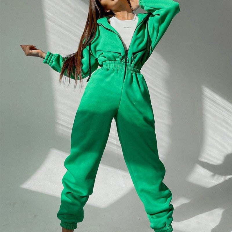 Casual Hoodie Two Piece Sets Zipper Drawstring Jacket Outerwear And Elastic Pencil Pant Suit