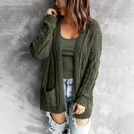 Solid Color Pocket Mid-length Twist Knit Cardigan