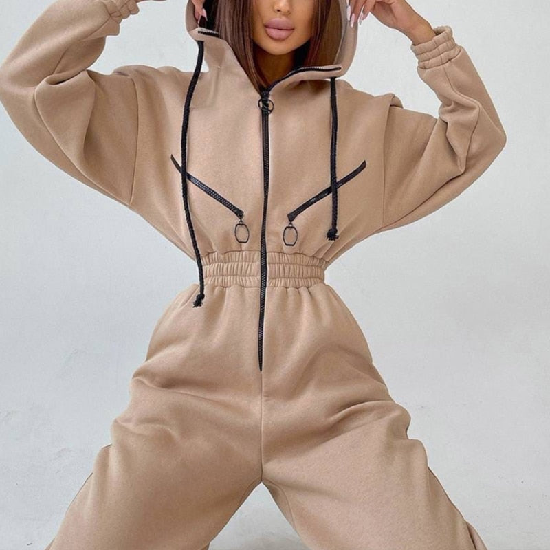 Casual Hoodie Two Piece Sets Zipper Drawstring Jacket Outerwear And Elastic Pencil Pant Suit