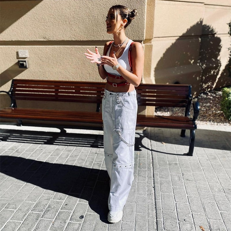 Wide Leg Cargo Baggy White Boyfriend Pants