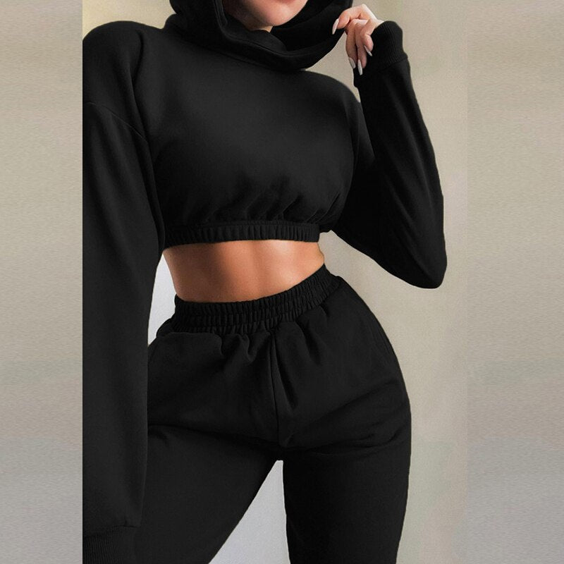 Women Casual Two Piece Sets 2021 O Neck Hoodies Cropped Top And High Waist Sweatpants Suits Fashion Sexy Female Solid Tracksuits