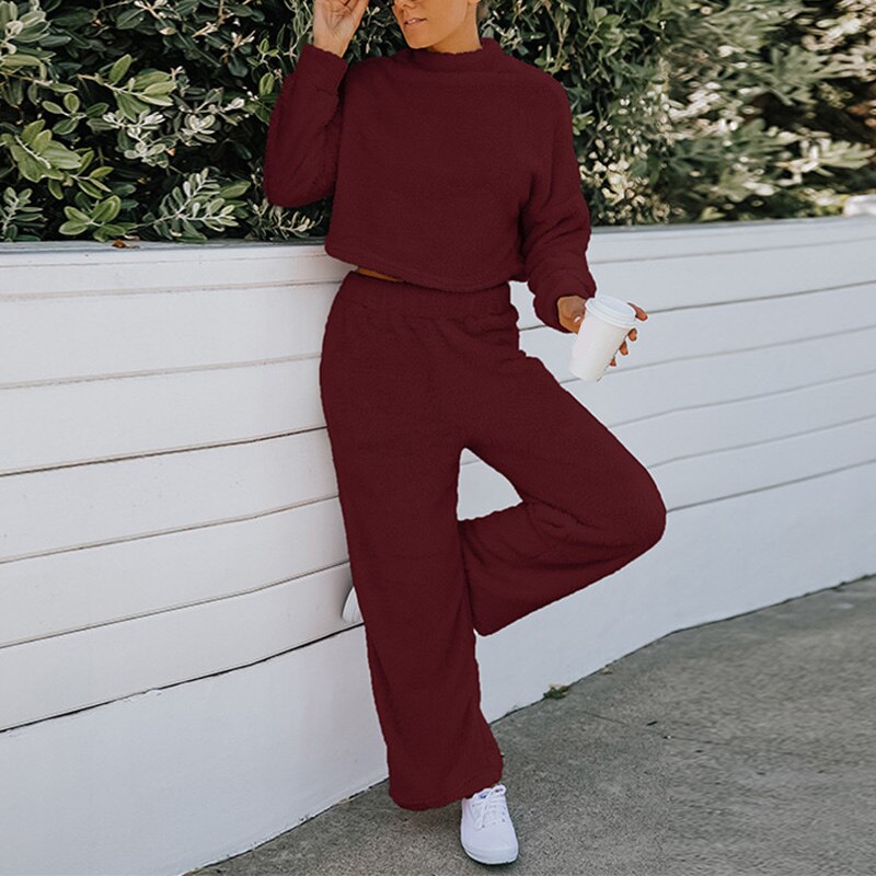 Fleece Round Neck Sweater Crop Top and High Waist Pants Set