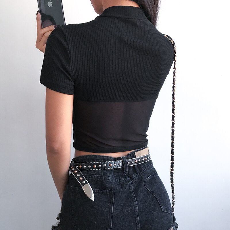 Casual Stand Collar Short Sleeve Mesh Crop Top