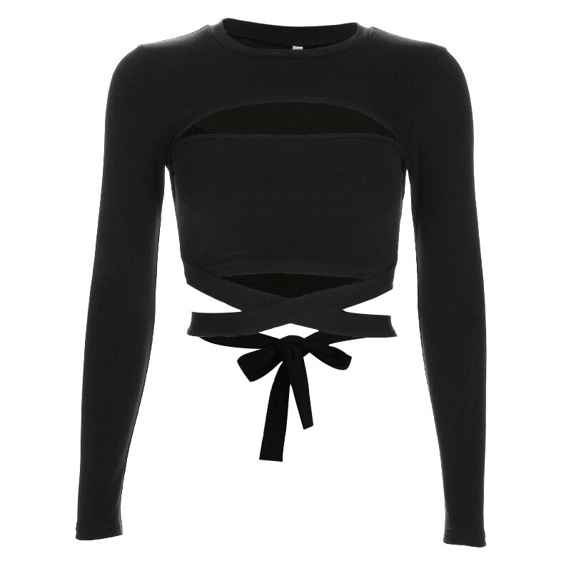 Hollow Out Waist Cross Cotton Long Sleeve Crop