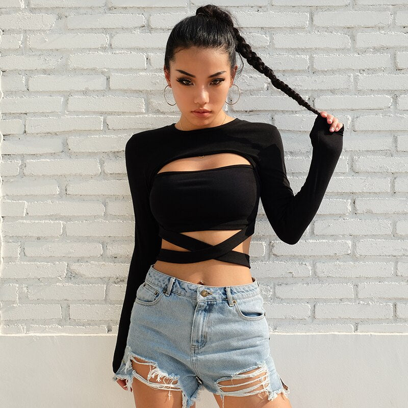 Hollow Out Waist Cross Cotton Long Sleeve Crop