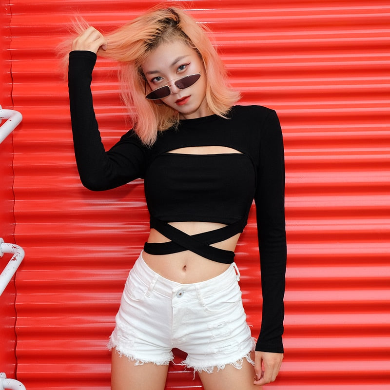 Hollow Out Waist Cross Cotton Long Sleeve Crop