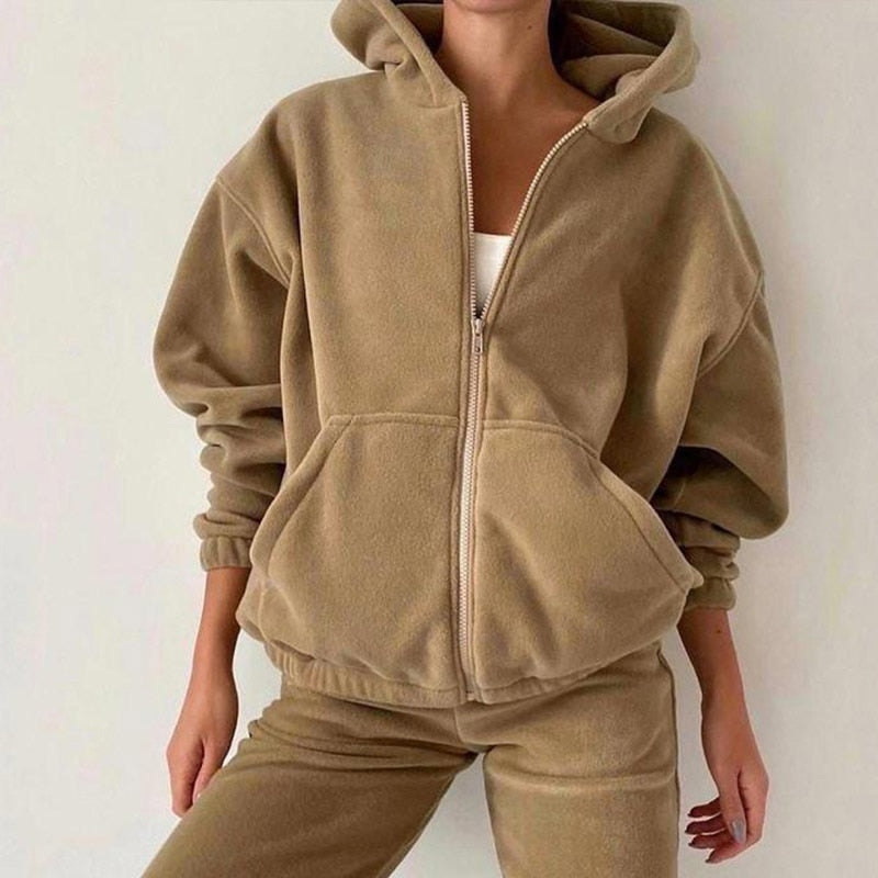 Casual Women Fleece Hoodie Two Piece Sets Hooded Zipper And Harem Pant Suit