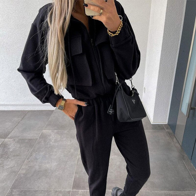 Casual Two Piece Sets Fleece Suits Zipper And Thick High Waist Trouser