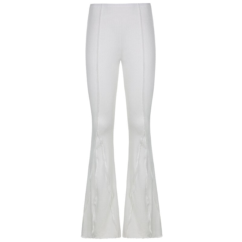 High Waist Striped Ribbed Edge Flare Stretch White Pants