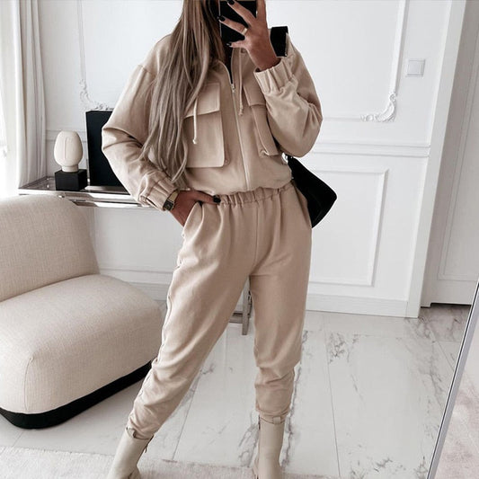 Casual Two Piece Sets Fleece Suits Zipper And Thick High Waist Trouser